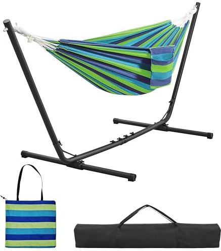 Yaheetech Hängmatta med ram, justerbar dubbelhängmatta 294/304/314 cm med stabil ram, kan belastas upp till 205 kg, generös 2–3 personer, hammock för inomhus och utomhus, blågröna ränder