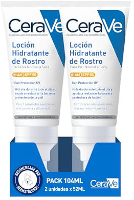 CeraVe, Loción Hidratante de Rostro SPF 50 2x 52ml, Para Piel Normal a Seca, Hidratación y Alta Protección Contra los Rayos UVB/UVA, Enriquecida con Ceramidas