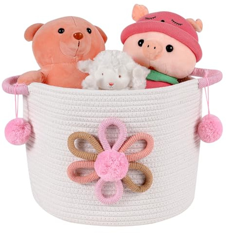 INough Aufbewahrungskorb aus Baumwollseil mit 3D-Blume für Kinder, Deckenkörbe für Wohnzimmer, Spielzeug, Organizer mit Griff, gewebter Korb für Geschenke, leer für Mädchen, Baby, Kinderzimmer,
