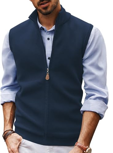 Casual Sweater Vest for Men Sleeveless Stretchy Ribbed Hemline Classic Mens Pullover Vest Dark Blue