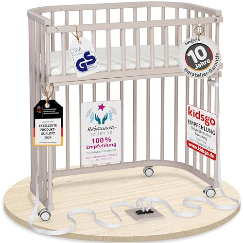 babybay Boxspring Beistellbett aus massivem Buchenholz/kompakt & verwandelbar/Kinderbett Höhe stufenlos verstellbar/mitwachsendes Babybett (beige lackiert) / inkl. Matratze, Gitter, Rollen