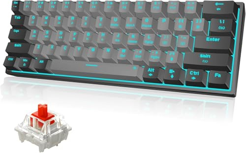 Snpurdiri 60% kabelgebundene Mechanische Gaming Tastatur, 61 Anti-Ghosting-Tasten, Blaue LED-Hintergrundbeleuchtung, ultrakompakte Zwei Ständer (Rot Schaft/Schwarz Grau)