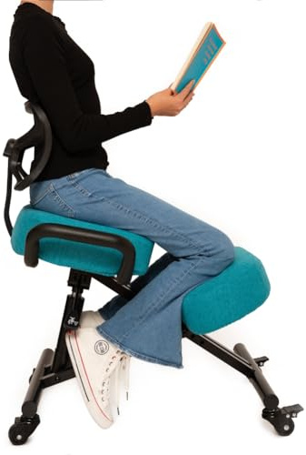 BLACK POINT O'KNEEL – Ergonomischer Kniestuhl mit Rückenlehne | Verstellbarer Kneeling Chair, Büro & Zuhause | gerade & Bequeme Haltung | Bezug aus Leinen in Grau/Hellblau inklusive