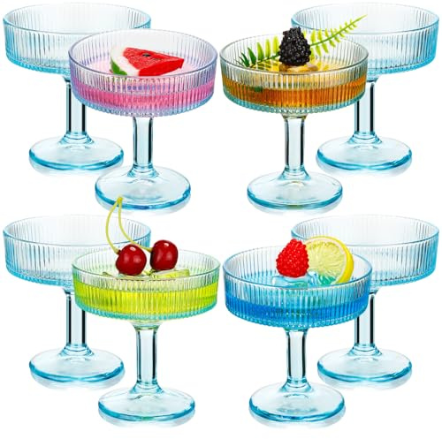 Teenyyou 8 Pcs Ribbed Vintage Coupe Glasses 7 oz Martini Glasses Champagne Coupe Classic Cocktail Glassware Reusable Ribbed Glassware for Cocktail Martini European Style (Blue)