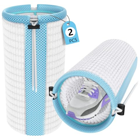 HQCM 2PCS Shoe Washing Machine Bags Upgraded Premium Anti-Open Cord Locks，Durable Trainer Wash Shoe Bag, Deep Cleaning White Anti-Dye Reusable Mesh Laundry Shoes Travel Protection Storage Bag (Blue 1)
