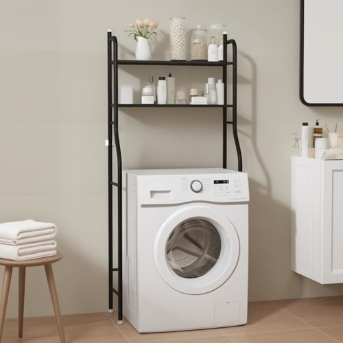acfeco Waschmaschinen Regal mit 2 Ablagen, Waschmaschinenregal Metall, Regal über Waschmaschine Toilette, Badregal Platzsparender Großem Fassungsvermögen(Schwarz)