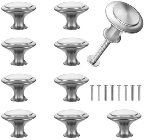 JYSNOW 10 Pièces Poignee Meuble, 27 mm Boutons de Porte Rond, Poignée en Acier Inoxydable, Poignées de Placard avec Vis, Poignet de Porte Cuisine, pour Placard Penderie Tiroir Armoire, Argent