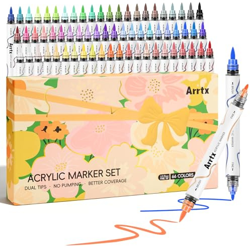 Arrtx Rotuladores de pintura acrílica de 66 colores, marcadores de doble punta con tinta líquida, no necesita bombeo, para roca, madera, lienzo, cerámica, vidrio, manualidades y suministros de arte