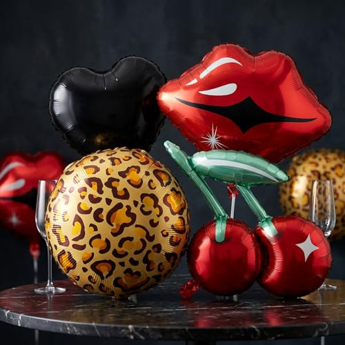 Leopard Print Balloons 8PCS Set, 18 Inch Foil Balloons with Self-Seal Valve for Birthday Party Decorations - Includes Leopard, Black Heart, Red Lips and Cherry Designs