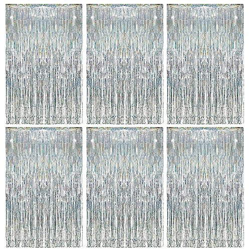O-Kinee Lametta Vorhang Silber,6 Stück Glitzervorhang,Fotowand Party,Folien Fransen Hintergrund fur Party Deko, Geburtstagsdeko,Hochzeit,Silvester,Festivals Bühnendekor (1m x 2m)