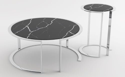 Casa Padrino Conjunto de Sala de Estar de Lujo Plata/Negro - 1 Mesa de Café con Encimera de Mármol y 1 Mesa Auxiliar con Encimera de Mármol - Muebles de Sala - Calidad de Lujo