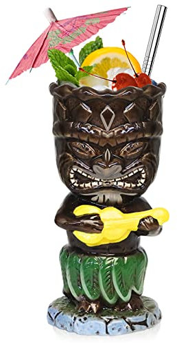 SuproBarware Gobelets Tiki, 300 ml, ensemble de verres à cocktail en céramique colorés, décoration de fête hawaïenne pour les fêtes exotiques