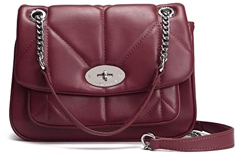 David Jones - Sac Bandoulière Matelassé Femme - Chaînes Porté Epaule Simili Cuir PU - Besace Rabat Tourniquet Cartable Taille Moyenne - Elegant Tendance Chic - Rouge Bordeaux