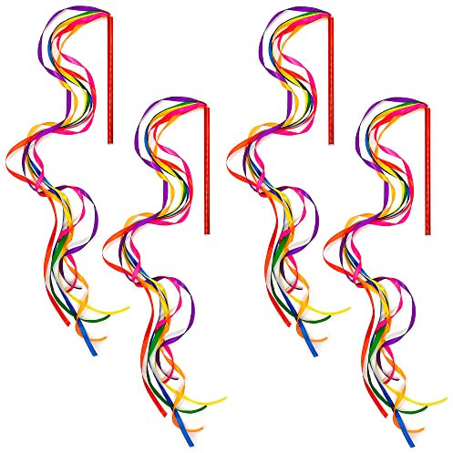 Niuhong 4 Pcs Regenbogen Bänder Stick Tanzbänder Wirbelband Geschicklichkeit Baton Stange Schwungband Stab Mädchen Tanz Band Kunst Tänze Streamer Jongliertücher Für Kinder Rainbow Ribbon Stick