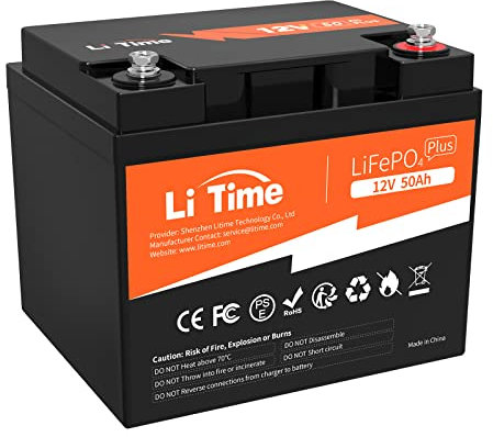 LiTime Batterie Lithium 12V 50Ah, Batterie LiFePO4 avec BMS 50A Protection, Rechargeable et 4000-15000 Cycles Profonds, Parfait pour Camping-Car Bateau Maison Système Off-Grid