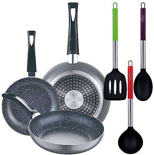 Set 3pc sarten (16+20+24cm) aluminio prensado, inducción, negra Soul Marble con Set 3pc utensilios de cocina nylon