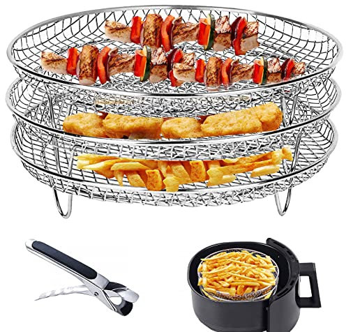 Swsdee Airfryer Rack, Runden Dreischichtiges Luftfritteusen-dörrgestell, 304 Edelstahl drei stapelbare Dehydrator Rack Toastständer Zubehör, Geeignet für 4,2QT-5,8QT Heißluftfritteusen