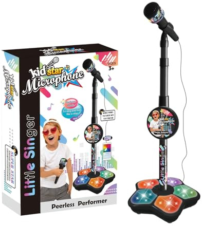 Genikeer Children's Karaoke Mic Amplifying Music Bracket Singing Toy | Musical Microphone With Stand | Lights Singing And Flashing Pedals Toys | Adjustable Standing Microphone For Kids Singing