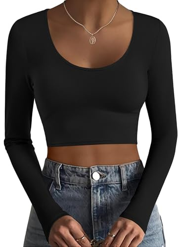 Ekouaer Long Sleeve Crop Tops for Women Scroop Neck Lightweight Basic Base Layer Thermal Undershirts Shirts Black M
