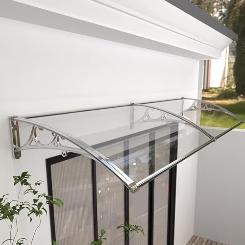 ASHILD Fenstermarkise, Gebogene Markise für die Außenterrasse, Regenschutz, Schneeschutzdach mit selbstreinigender Polycarbonat-Abdeckung und silbernem Aluminiumrahmen (24 x 91 Zoll)