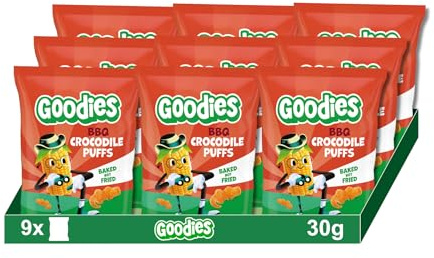 Goodies Crocs Puffs Snacks Sabor Barbacoa Niños, 9 x 30 g | Snack para kids, Horneados en forma de animal divertido, Fuente de fibra, Ideal merienda escolar