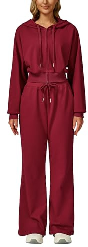 OMEWEE Tracksuit Womens Full Set Lounge Wear Sets 2 Piece Ladies Cotton Tracksuits Comfort Long Sleeve Activewear Zip Up Cropped Hoodie Coat Tops Trousers Sets Casual Fall Winter Outfit Red Small