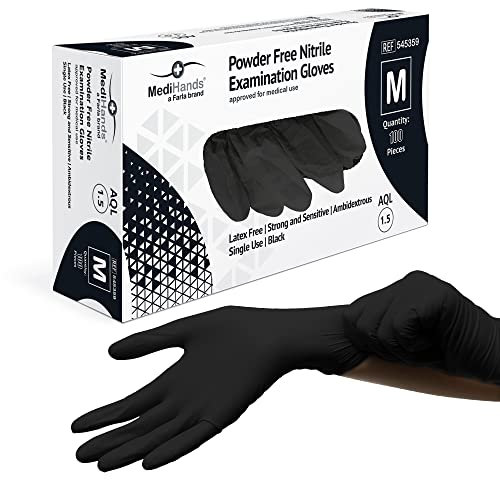 Farla Medical MediHands Disposable Medium Nitrile Gloves - Powder Free and Latex Free Surgical Gloves - Multi-Purpose, Single Use Medical Gloves - Box of 100, Black