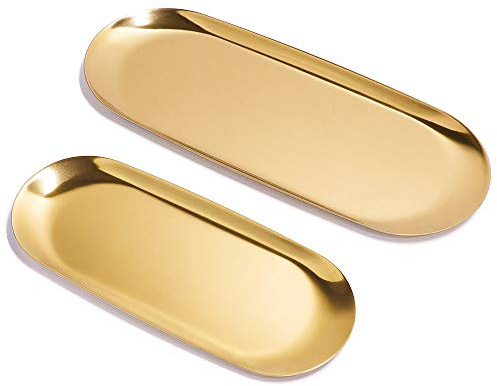 2 Sets Gold Trinket Serving Tray, ANZOME Oval Stainless Steel Tray Towel Storage Dish Plate, Tea Fruit Trays Cosmetics Jewelry Plate used in Bedroom, Kitchen, Living Room, Bathroom and Outdoors