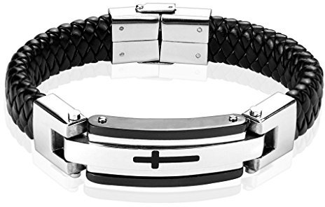 Paula & Fritz® Armband Herren Kunst-Leder Schwarz Kreuz Silber 220-mm Lang 7-mm Breit Edelstahl Männer Damenarmband Armschmuck Geflochten