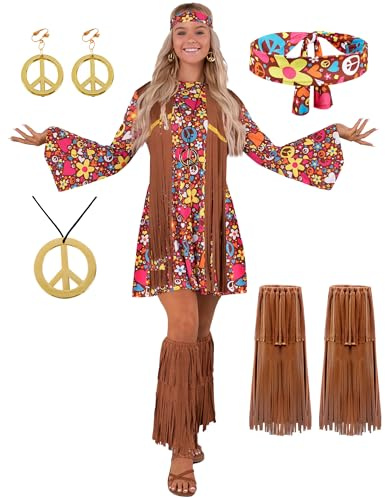 Spooktacular Creations Set Costume Hippie da Donna Set Fascia per Capelli Orecchini Abito Gilet Calzini Copristivali Abbigliamento Hippie Anni '70 per Halloween Dress Up Party Cosplay -M