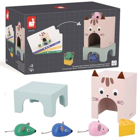 Janod - Pédagogie Range - Finding your Bearings in Space - Cat and Mouse - 6 Wood Accessories + 12 Cards - Children’s Educational Toy - 36 Months +, J05078