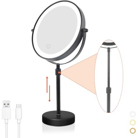 Nicesail Make-up-Spiegel mit LED-Beleuchtung für Tischplatte, 10-fache Vergrößerung, Beleuchtung in 3 Farben, Helligkeit und Höhe verstellbar (38 bis 48,3 cm), doppelseitig, Touch-Schalter, Schwarz