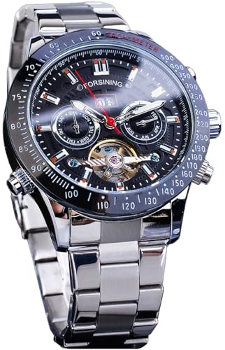 FORSINING Men Tourbillon Mechanical Self-Wind Watch, Day Date Month Full Calendar, Luminous Tachymeter Multifunctional Automatic Watches, Carved Big Dial Stainless Steel Band Wrist Watch, Black Case