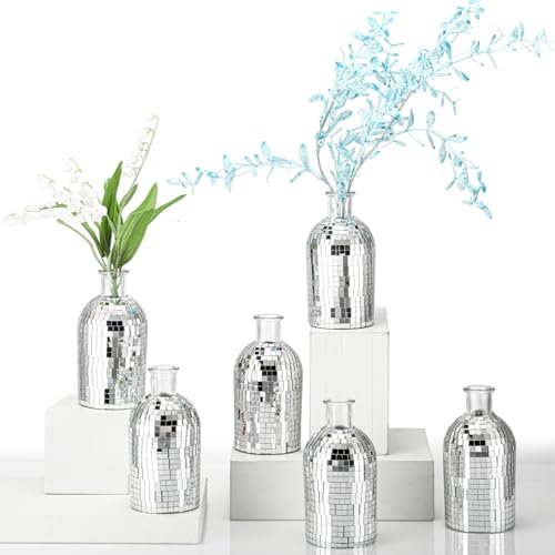 RimCereal 6 Pcs Disco Ball Mini Vase for Flower and Plant 5in Small Glass Bud Vase Disco Ball Planter Silver Mirror Vase for Indoor Outdoor Wedding Birthday Home Bedroom Kitchen Office Decoration