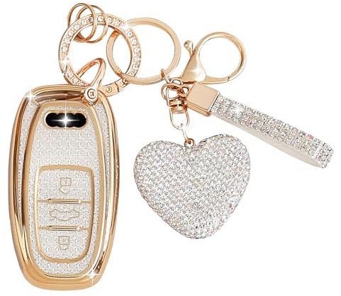 ZVRSUA Autoschlüssel-Hülle mit Diamant-Schlüsselanhänger – Kompatibel mit Audi A1/A2/A3/A4/A5/A6/A7/A8/A4L/A6L/A8L/Q5/Q7/Q8/R8/RS4/RS5/RS6/S4/S5/S6/SQ7/TT，TPU（nur Keyless Go） 3-Tasten (Silber)