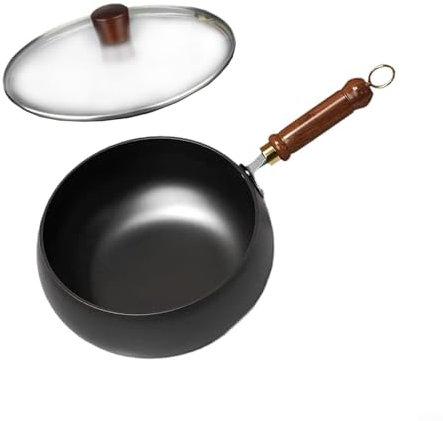 GLFLOW Pentola in ferro spesso non rivestita, padella profonda wok in ferro forgiato a mano, pentola tradizionale in metallo non rivestito grande pancia (pentola da 28 cm + coperchio in vetro L)
