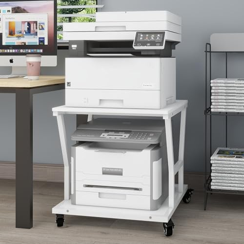 PUNCIA Soporte para Impresora con Ruedas 50 x 50 cm Mesa para Impresora de 2 Niveles Móvil de Madera y Metal Carro para Organización con Estantes de Almacenamiento para Oficina Hogar Escuela Blanco