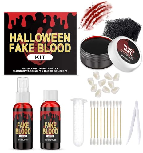 Vampir Zähne Kunstblut Set - Fake Blut Komplettkit mit Fake Blood Spray, Tropfblut, Blutklumpen, 10 Vampirzähnen, Fake Blood Set für Grusel Make-up - Halloween Accessoires für Zombie & Vampir Schminke