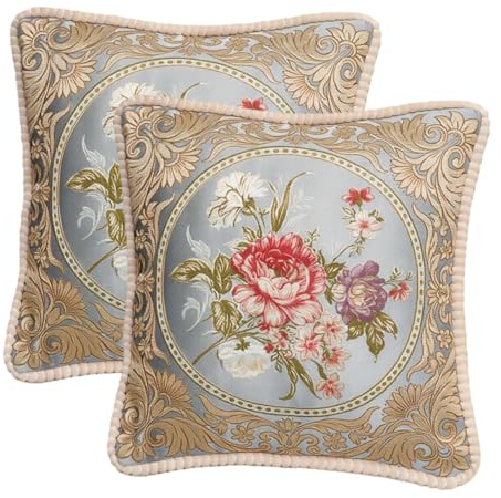 Fitoncloud Embroidered Pillow Covers Set of 2, Jacquard Vintage Floral Pillow Cover, Soft Comfortable to The Touch Sofa Decorative Cushion Cover for Living Room, Bedroom, Balcony 18x18 Inch Blue