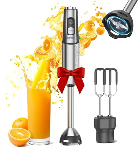 Anybear Frullatore a mano, 1100 W, 2 in 1, con motore in rame completo e corpo in acciaio inossidabile, 15 velocità e modalità turbo, rivestimento antigraffio, include accessorio per frullare
