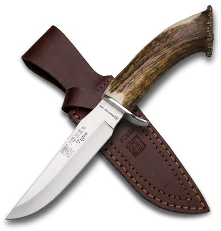Joker Cuchillo de Monte Tigre CN33 con puño Corona Ciervo, Hoja INOX de 14 cm, Funda de Cuero marrón, 230 Gramos, Herramienta de Pesca, Caza, Camping y Senderismo
