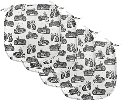 Ambesonne Motorcycle Chair Seating Cushion Set of 4, Retro Motorcycle Drawings of Old-Fashioned and Modern on White Background, Anti-Slip Seat Padding for Kitchen & Patio, 16x16, Grey White Black