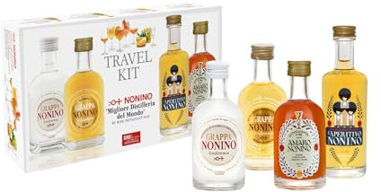 Distillerie Nonino, Travel Kit, Confezione composta da 4 bottiglie in vetro da 50 ml: Amaro Quintessentia, Aperitivo Nonino, Grappa Monovitigni Vendemmia e Grappa Vendemmia Bianca - totale 200 ml