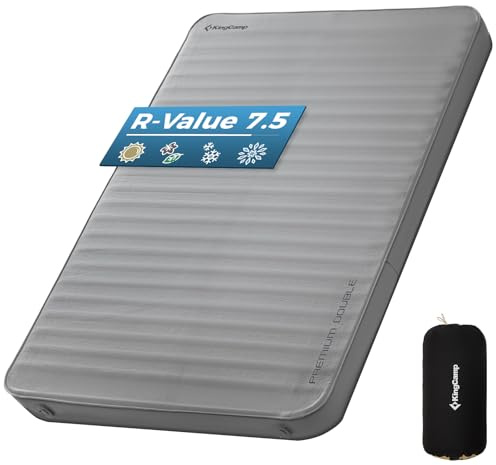 KingCamp PREMIUM DOUBLE Self Inflating Sleeping Pad, 7.5 R-Value Air & Foam Camping Mattress 2 Person, 3 Thick Full Size Double Insulated Sleeping Pad with Pump Sack for Car Camp Tent, PVC Free, Grey