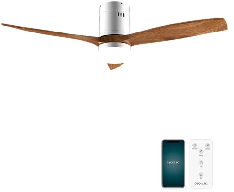 Cecotec Ventilador de Techo EnergySilence Aero 5600 Aqua IronDarkWood Connected, 40 W y 52”, Wifi, Mando a distancia, protección IP44, luz, 6 velocidades, 3 aspas, modo winter-summer, temporizador 8h