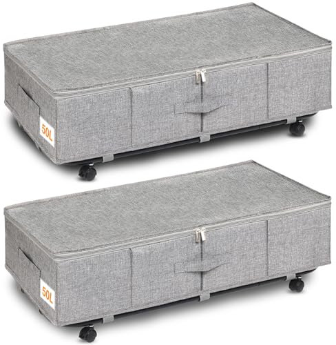 Huquter Under Bed Storage on Wheels, 50L Large Underbed Storage on Wheels, 2 Pack Foldable Under Bed Storage Box with Lid & Zips, Rolling Underbed Storage with Wheels for Clothes, Shoes, Blankets