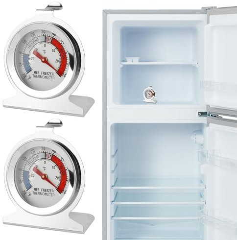 2 Piezas Termometro Nevera, Termómetros para Congelador y Frigorífico de Acero Inoxidable, Rango de -30 a 30 °C (-20 a 80 °F) con Gancho para Colgar, Ideal para Hogar y Uso Restaurantes y Cafeterías