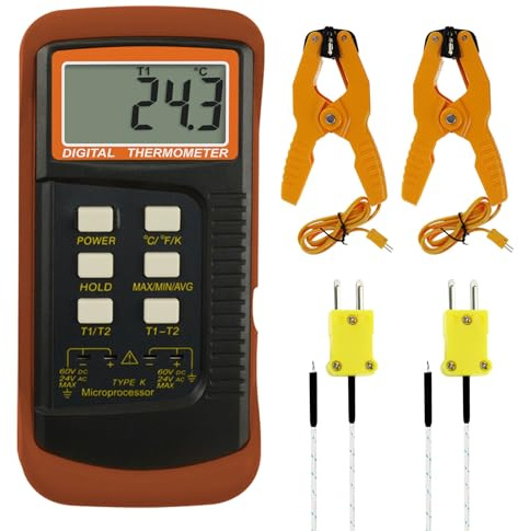 K Type Thermocouple Thermometer (-50~1300°C), Dual Channels Digital Thermometer with 2 Temperature Clamp 2 Wired Thermocouple Probes, High Accuracy Temperature Kelvin Scale Meter Tester