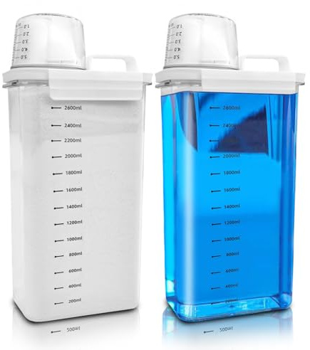 Cbilzxer Waschmittel Dosierhilfe, 2 Stück 2900ML Waschmittel Spender, Mit Messbecher Waschpulver, PET Kunststoff Klar, BPA-frei, mehrzweck-waschpulver-spender für Waschmittel (2900ml*2)