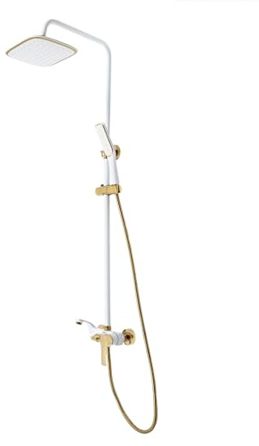 Duschset mit Armatur, Höhenverstellbar 85-125cm Edelstahl Duschsystem mit Verstellbare Duschstange, 3 Strahlarten Duschkopf, Duschamaturenset Wandmontage Regendusche (Weiß+Gold)